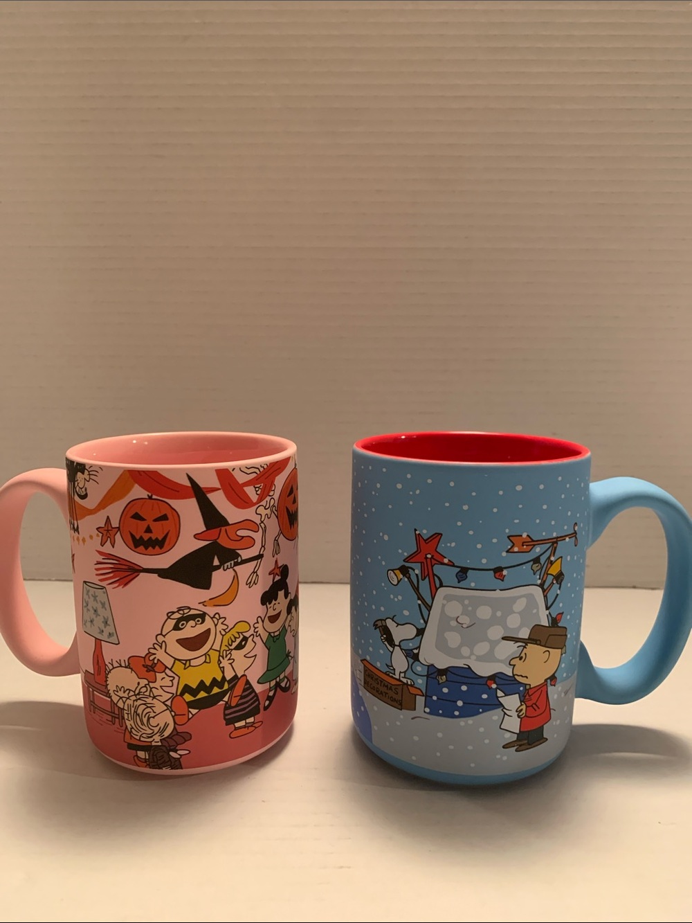 Peanuts Pink Halloween Mug Blue Charlie Brown Christmas NEW